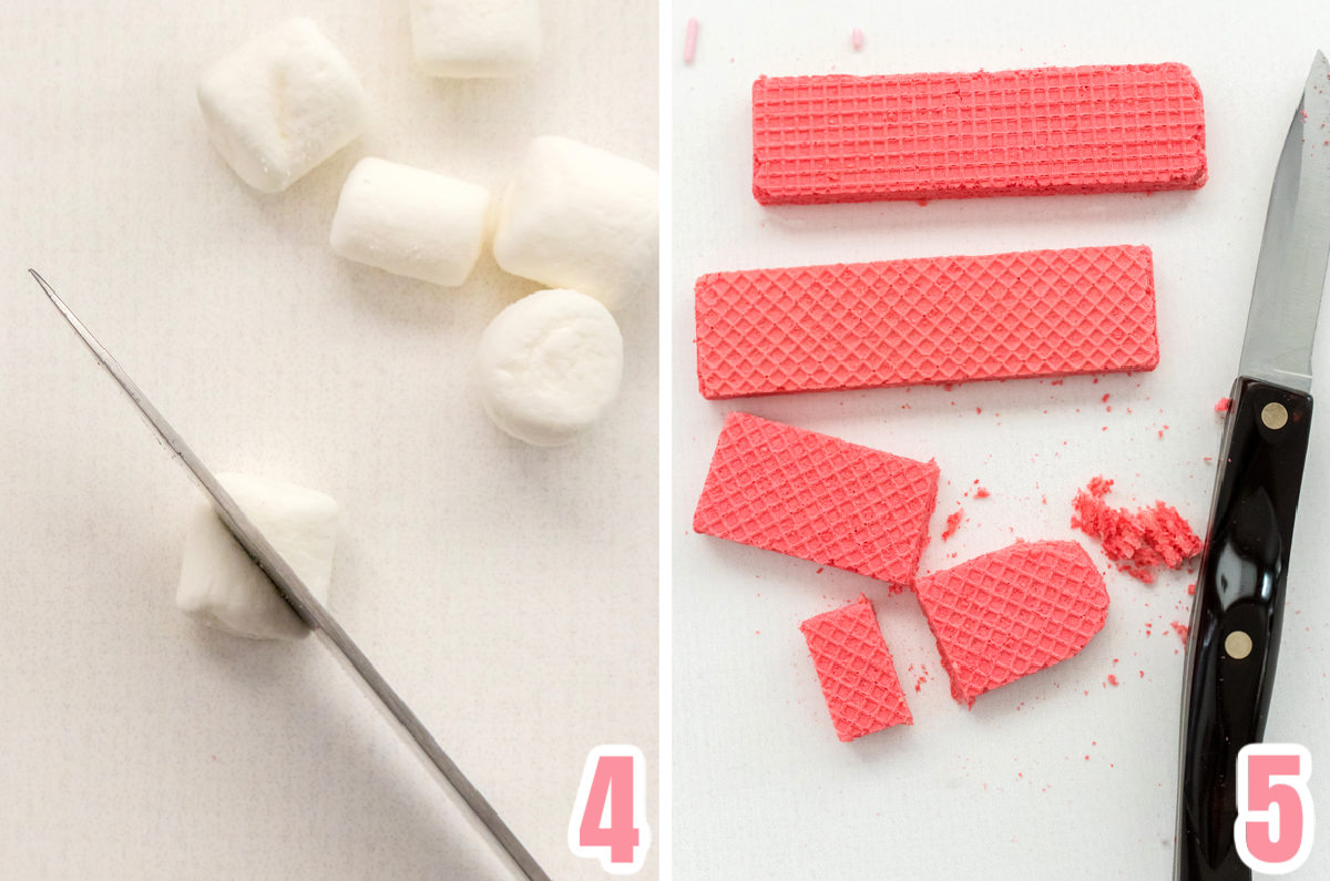 Collage image showing how to prepare the mini marshmallows and the pink wafer cookies to use on the cupcakes.