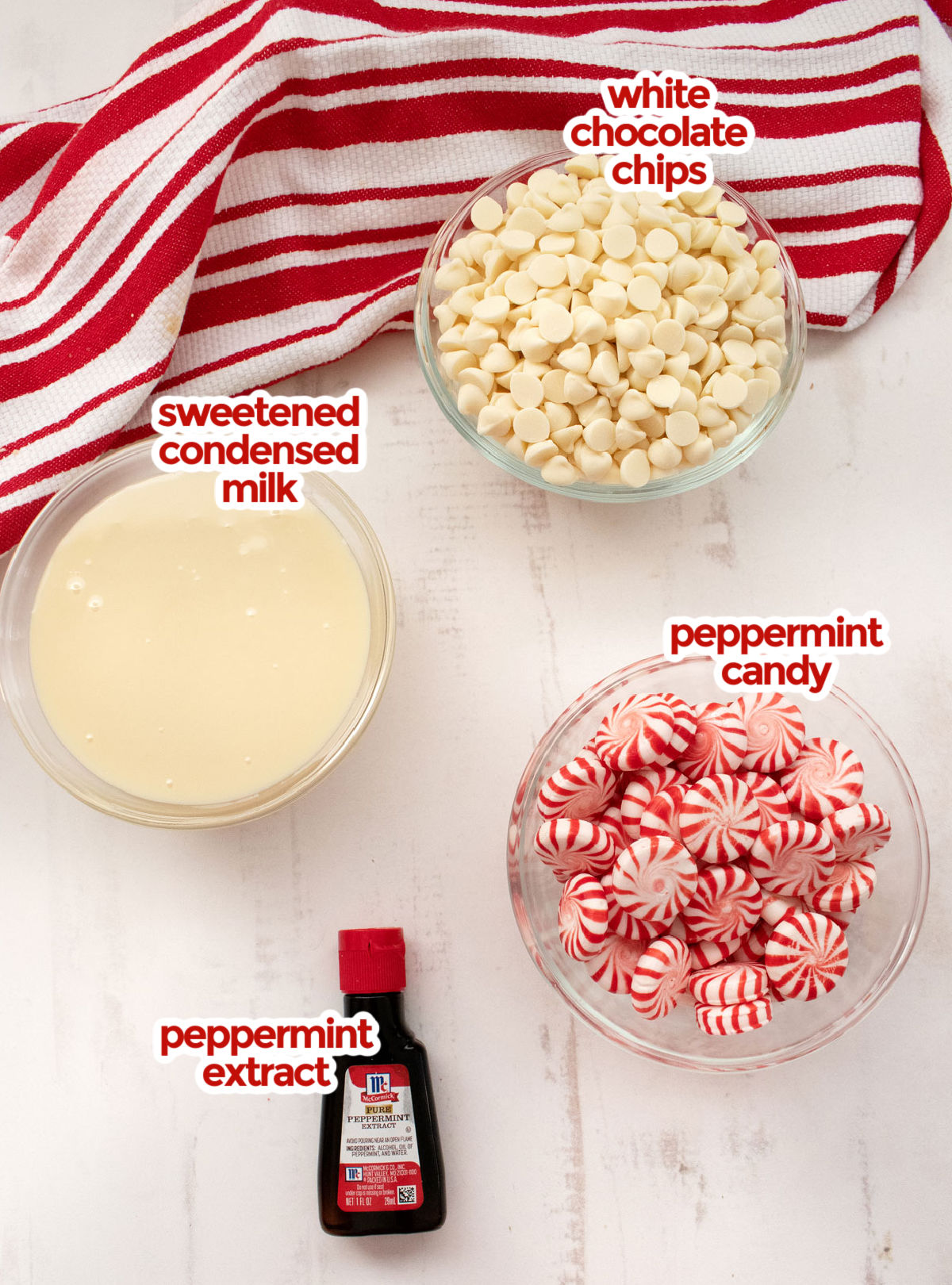 All the ingredients you will need to make Peppermint Fudge including White Chocolate Chips, Sweetened Condensed Milk, Peppermint Candy and Peppermint Extract.
