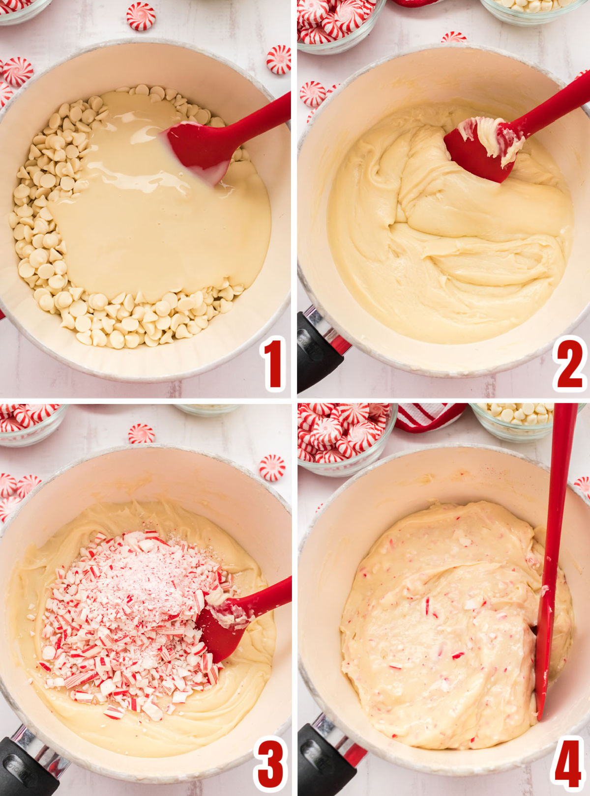 Collage image showing the steps for making Peppermint Fudge.