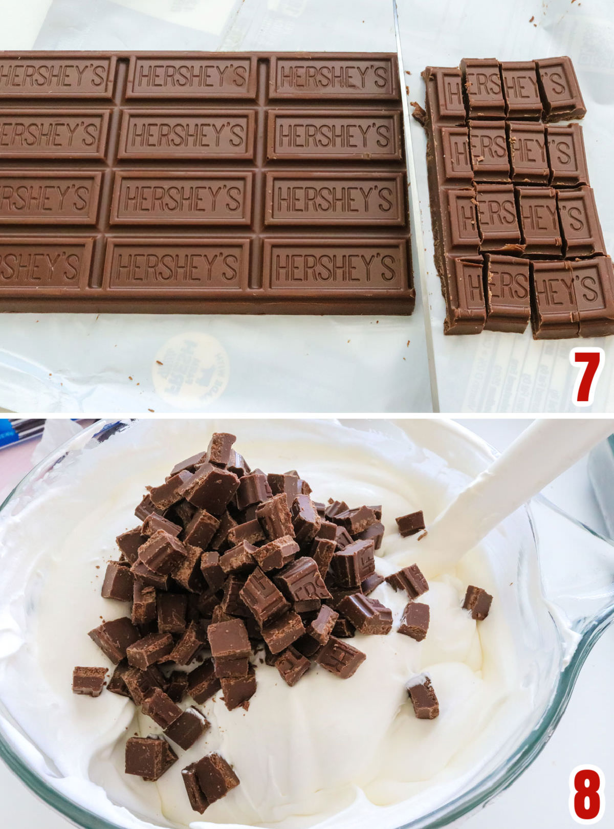 Collage image showing the steps for chopping up the Hershey's chocolate bars and adding the chunks to the marshmallow filling.