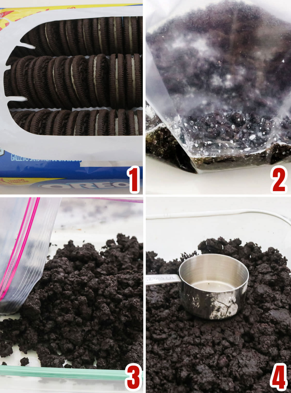 Collage image showing the steps for making an Oreo Cookie crust.