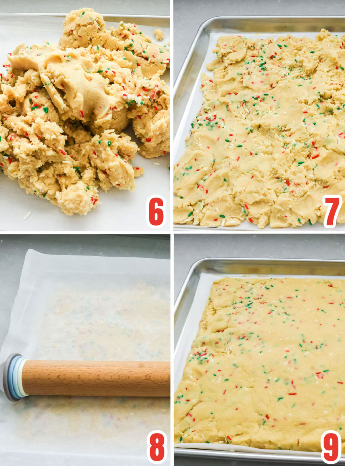 Collage image showing how to bake the sugar cookie bars.
