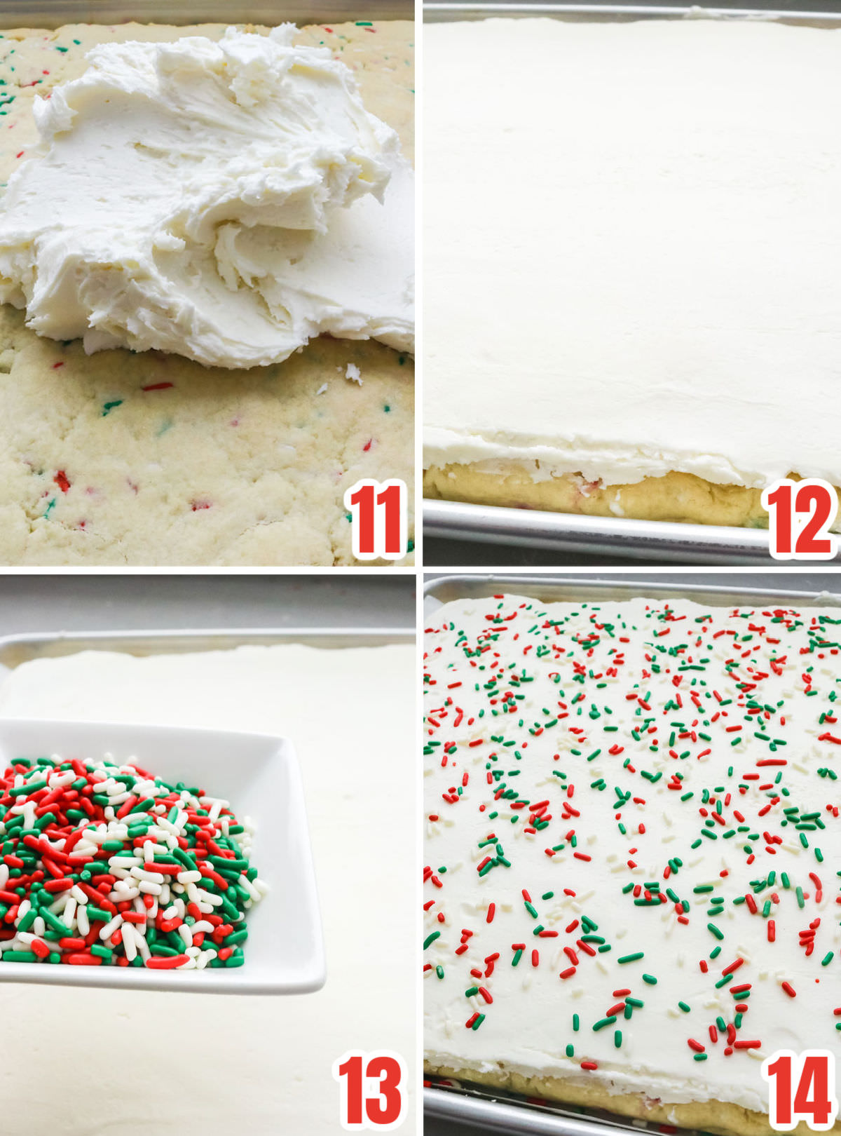 Collage image showing how to frosting the peppermint sugar cookie bars.
