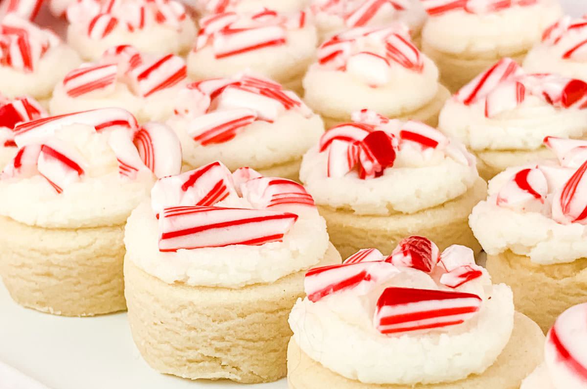 Closeup on a batch of Peppermint Sugar Cookie Bites lined up in rows on a white serving platter.