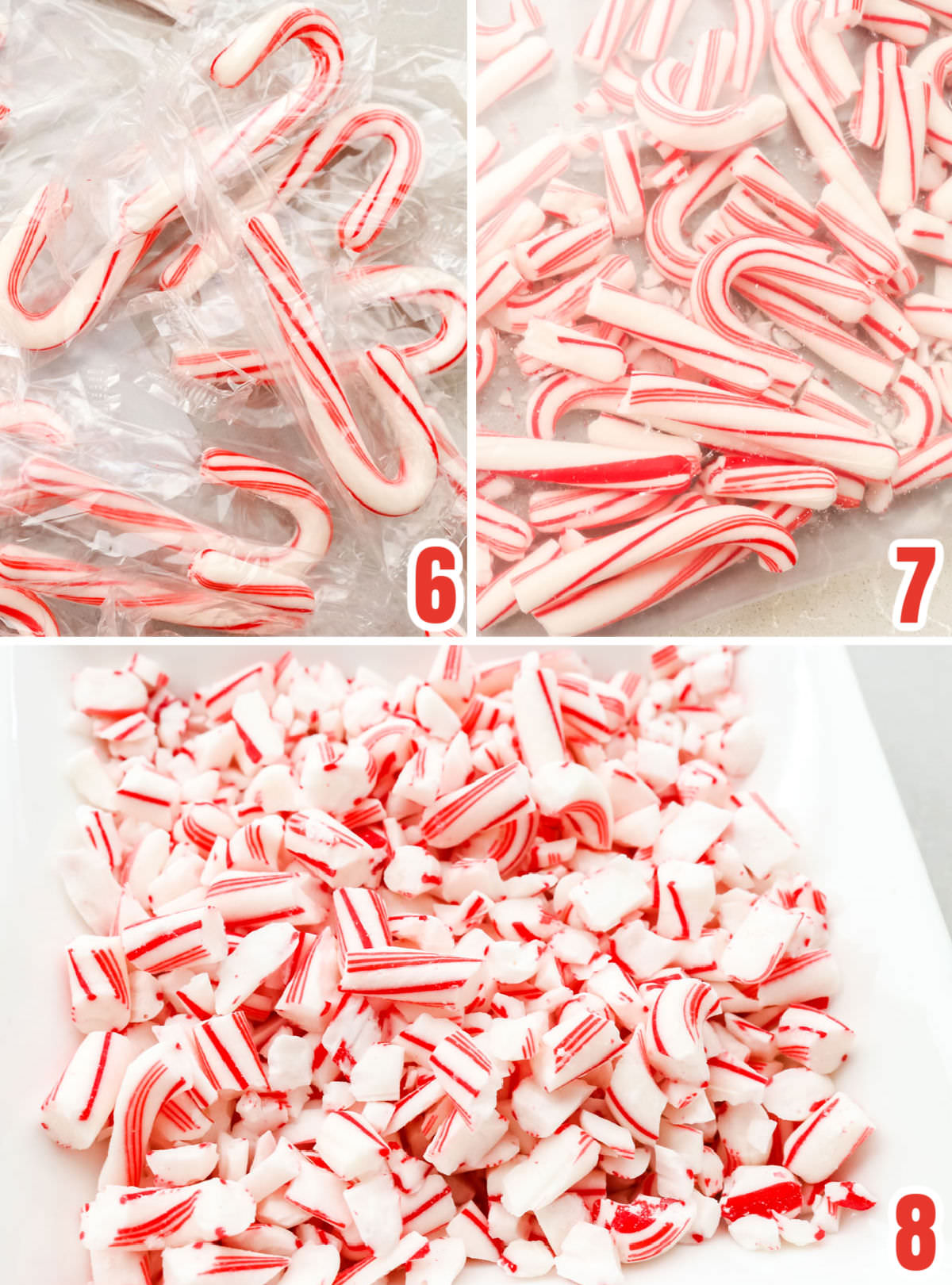 Collage image showing how we crushed the candy canes to use as a decoration on the Christmas cookie.