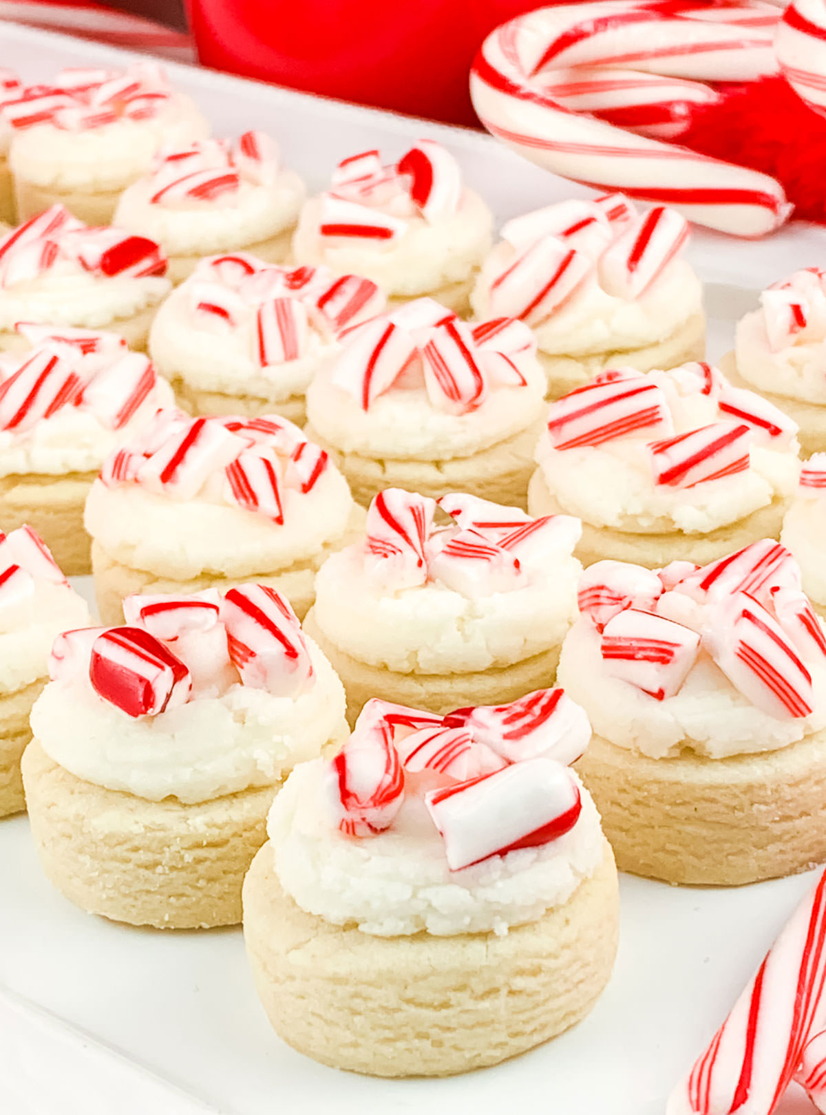 Closeup on a batch of Peppermint Sugar Cookie Bites sitting on a white serving platter surrounded by Candy Canes.