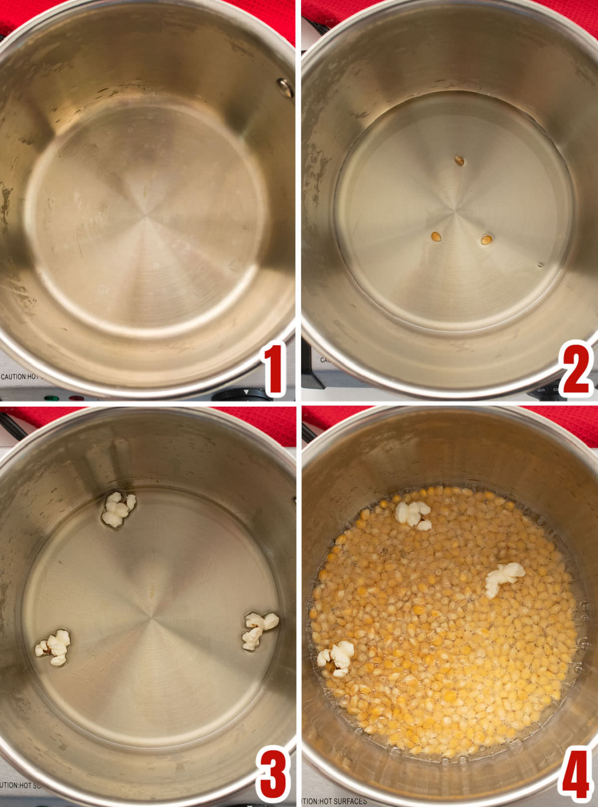 Collage image showing the steps required to make popcorn on the stove.