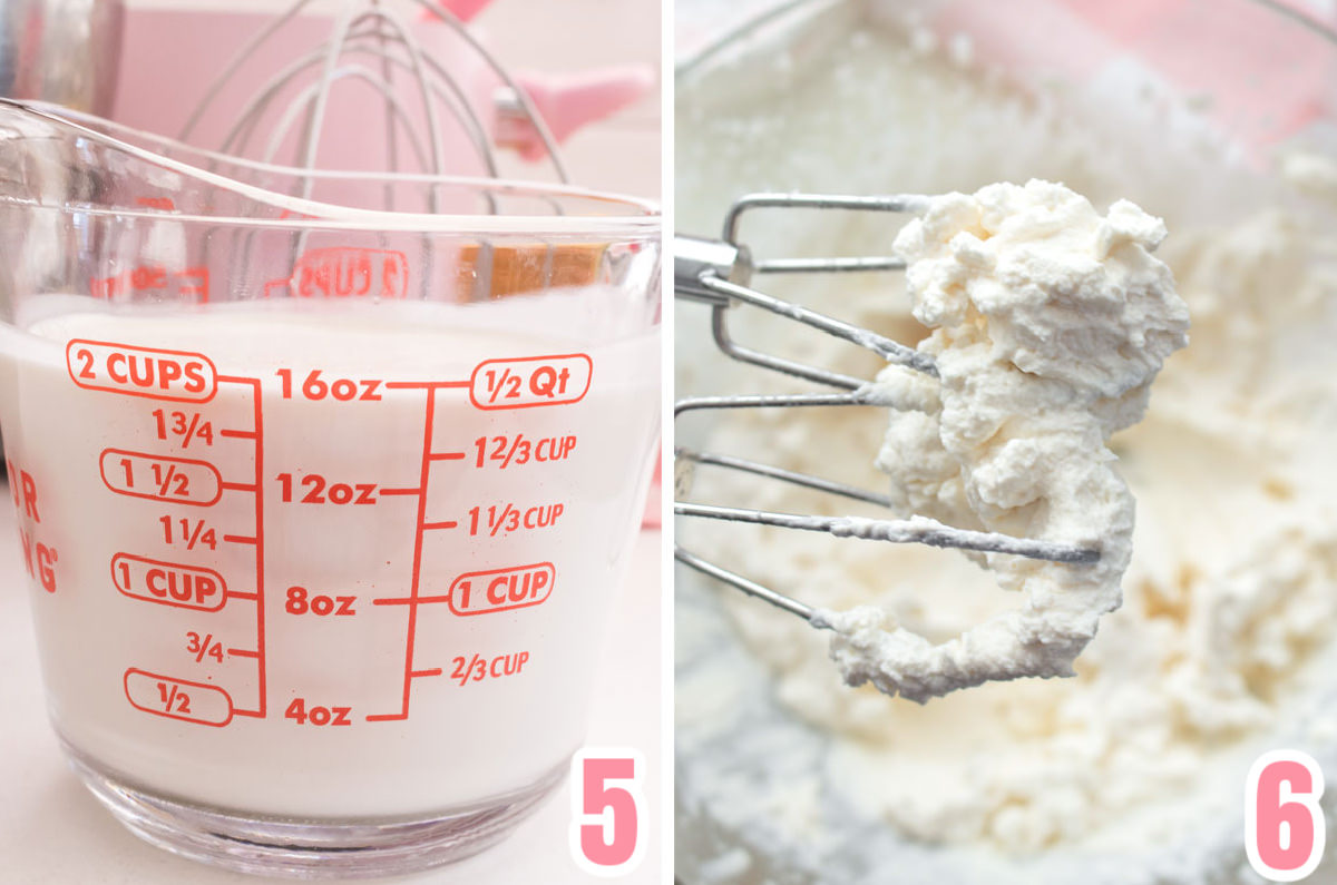 Collage image showing a measuring cup filled with whipping cream and a glass mixing bowl filled with Whipped Cream.