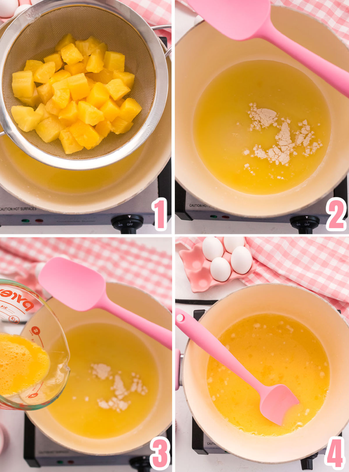 Collage image showing the steps for making the pineapple custard mixture for Pineapple Banana Fluff.