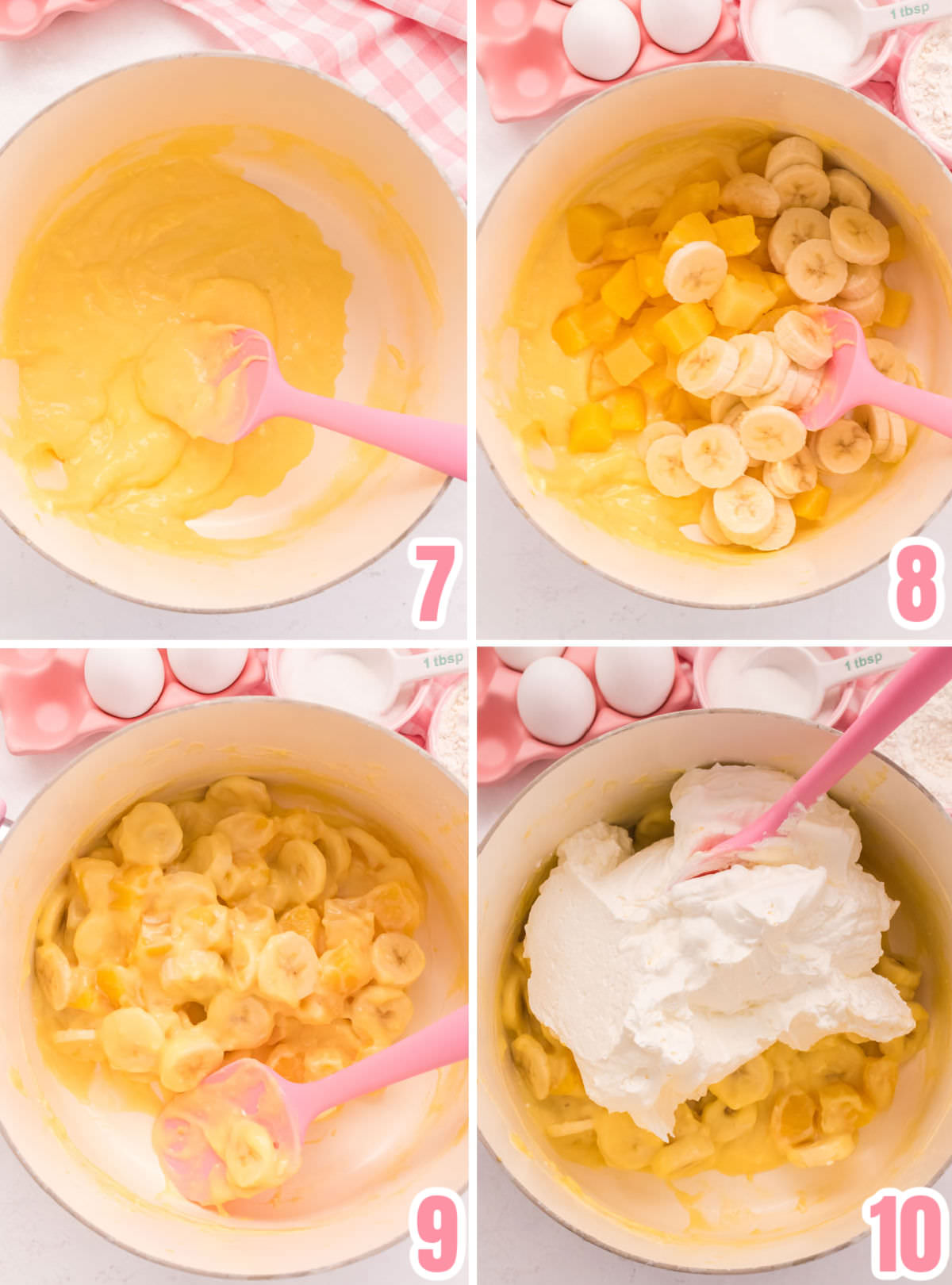 Collage image showing the steps for finishing the Pineapple Banana Fluff after the custard mixture has cooled.