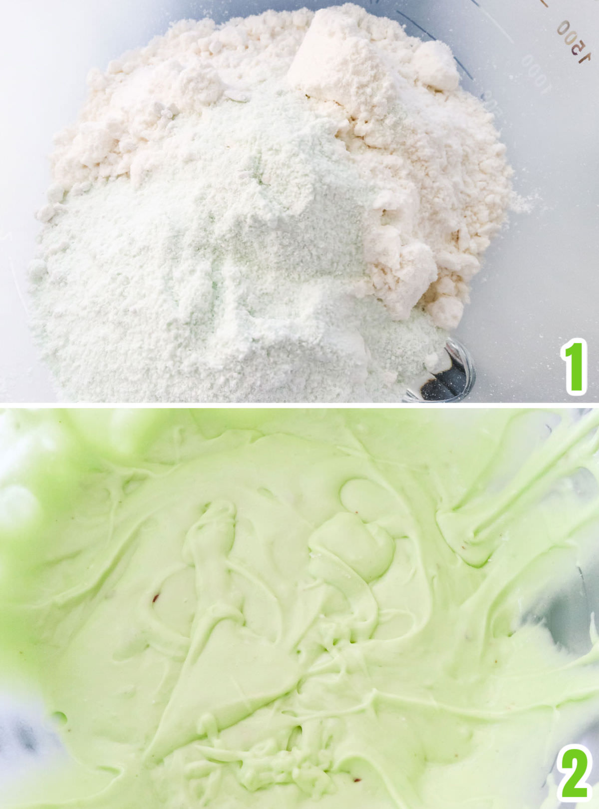 Collage image showing how to make the batter for the Pistachio Cupcakes.