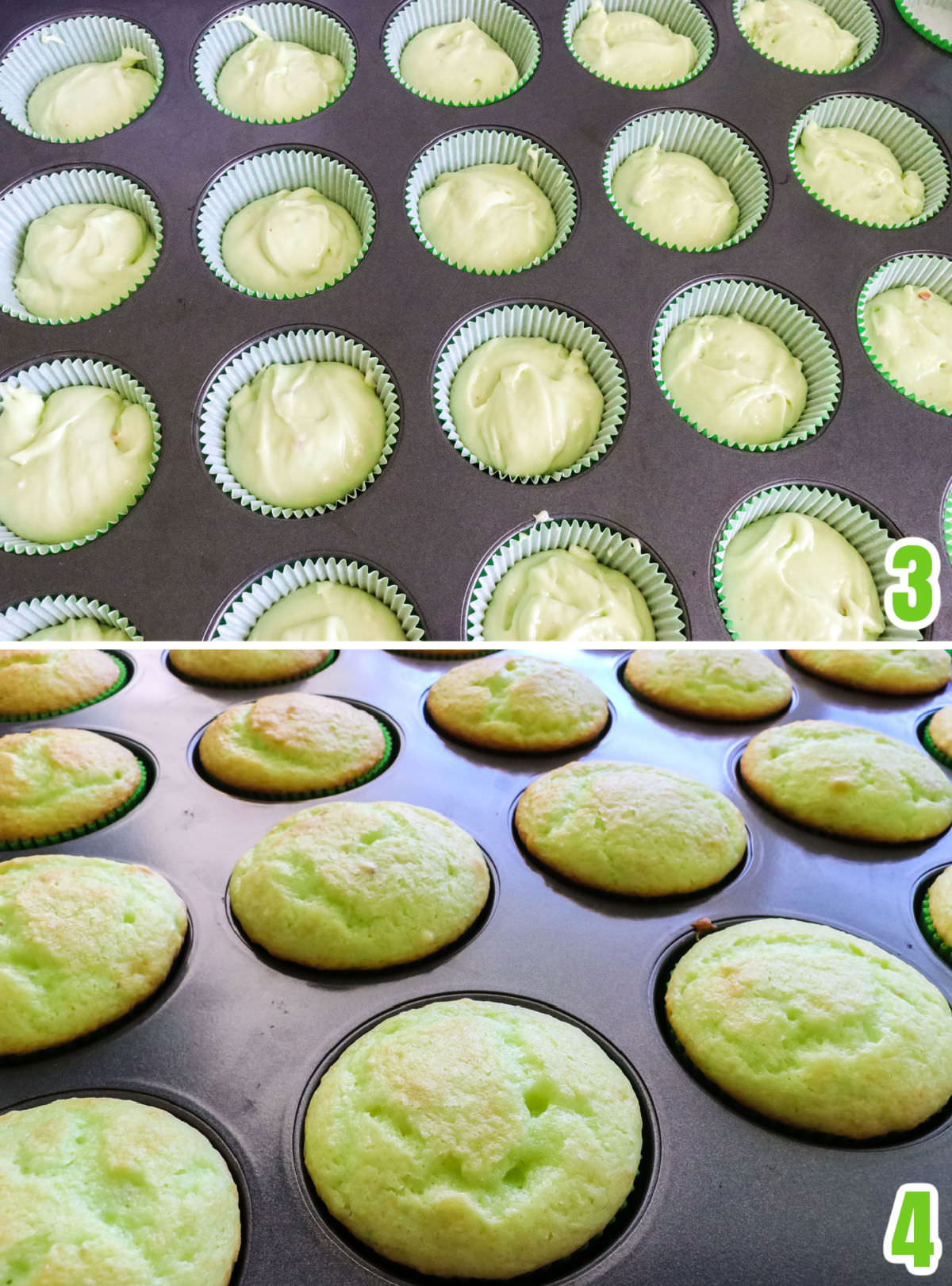 Collage image showing the Pistachio Cupcakes before they go in the oven and after they come out of the oven.