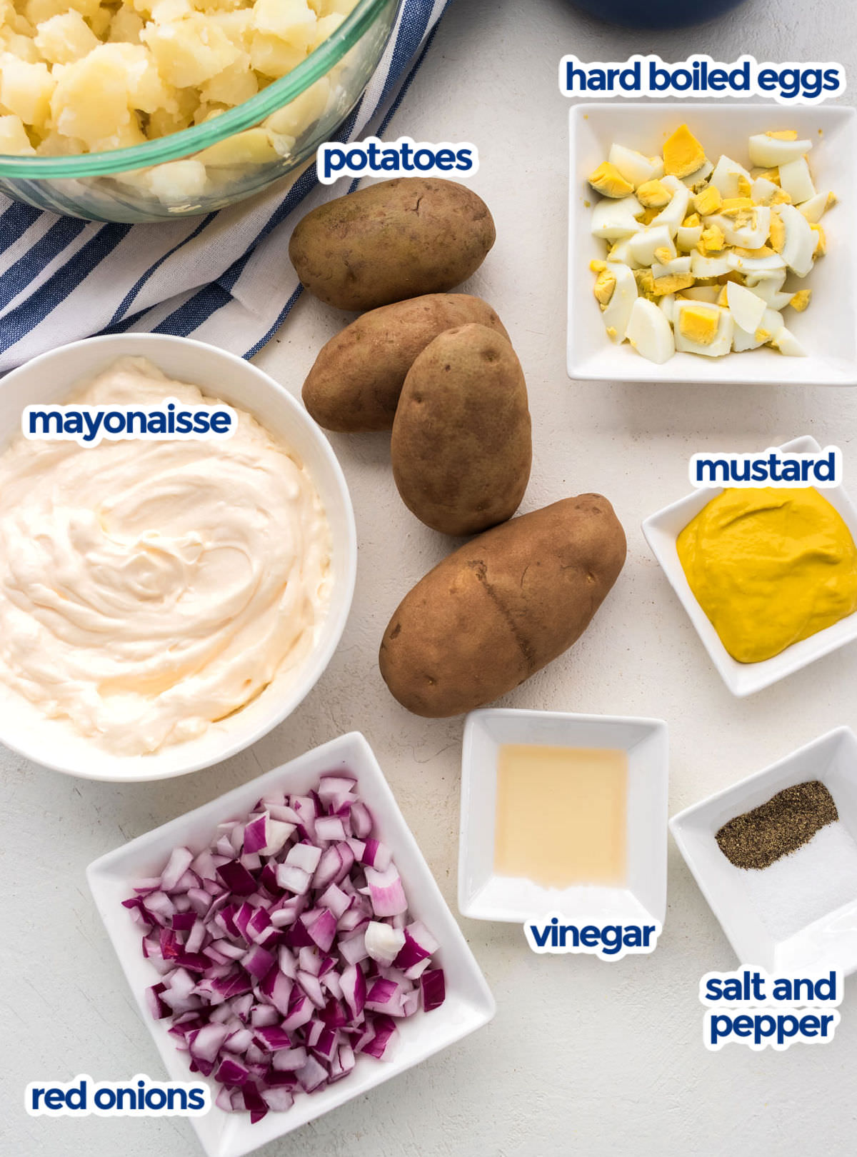 All the ingredients you will need to make Classic Potato Salad including potatoes, hard boiled eggs, mayonnaise, mustard, vinegar and red onions.