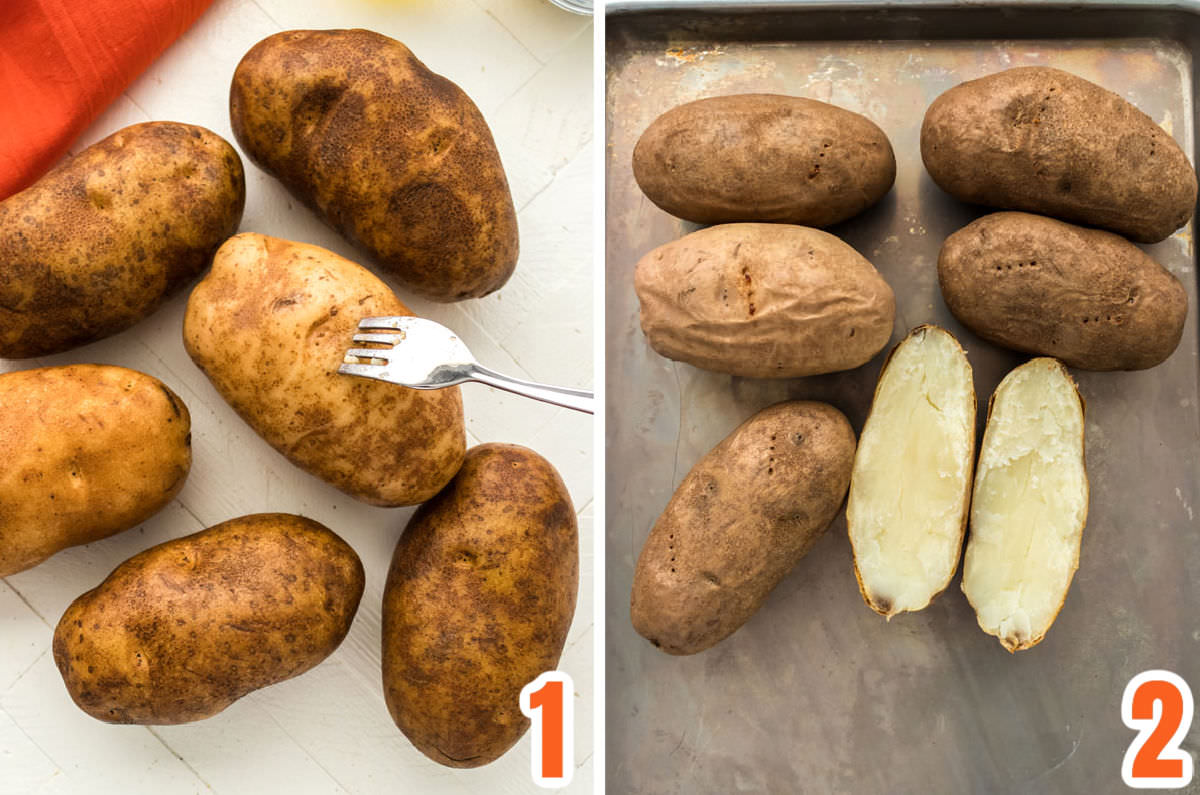Collage image showing the step for cooking the potatoes for the Potato Skins.