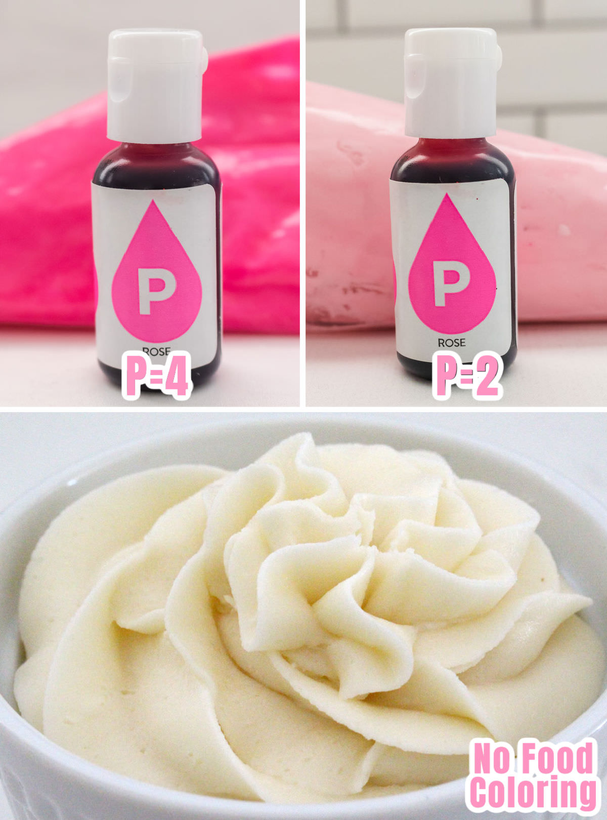 Collage image showing how to tint the buttercream frosting two different shades of pink.