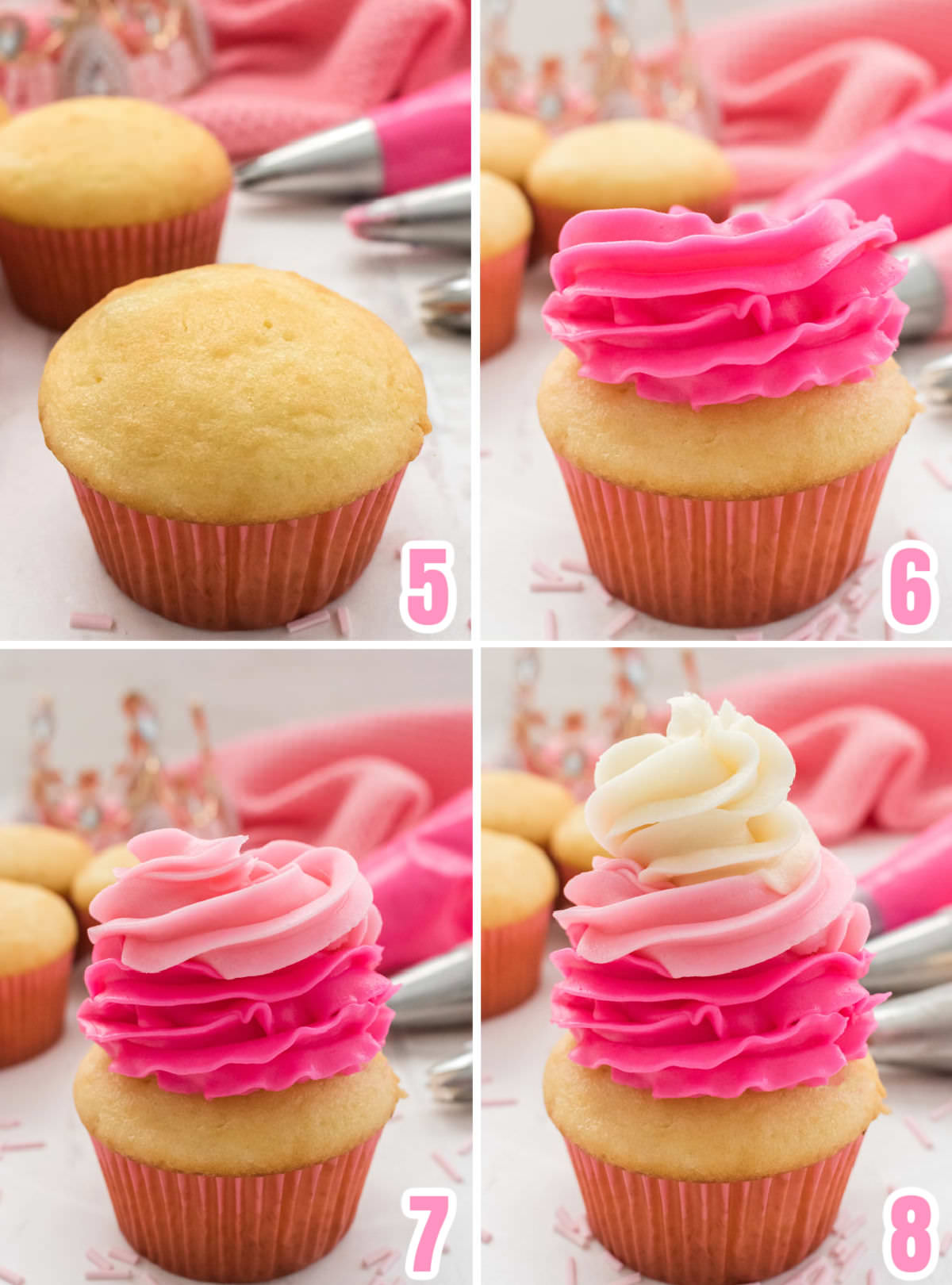 Collage image showing how to frost the Princess Cupcakes with Pink Ombre frosting.