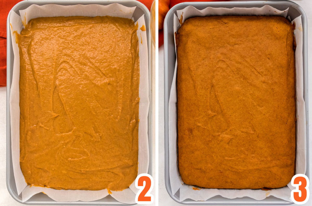 Collage image showing the Pumpkin Bars before going in the oven and after coming out of the oven.