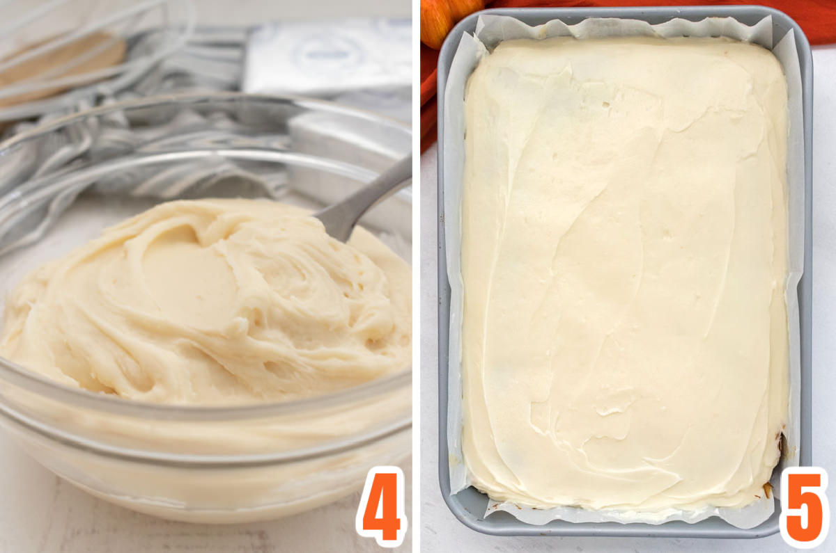 Collage image of a bowl of Cream Cheese Frosting and that frosting used on the Pumpkin Bars.