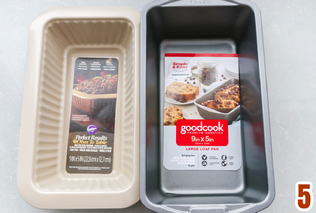 Two 9x5" loaf pans sitting side by side to show the different shapes they each have.