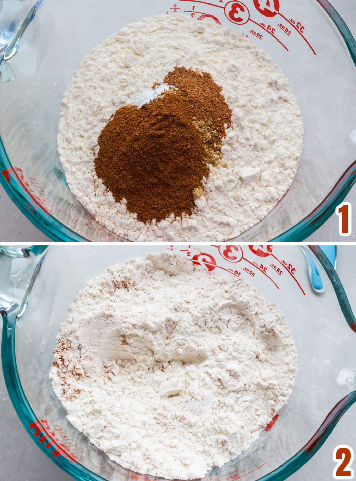 Collage image showing how to prepare the dry ingredients for the Pumpkin Bread batter.