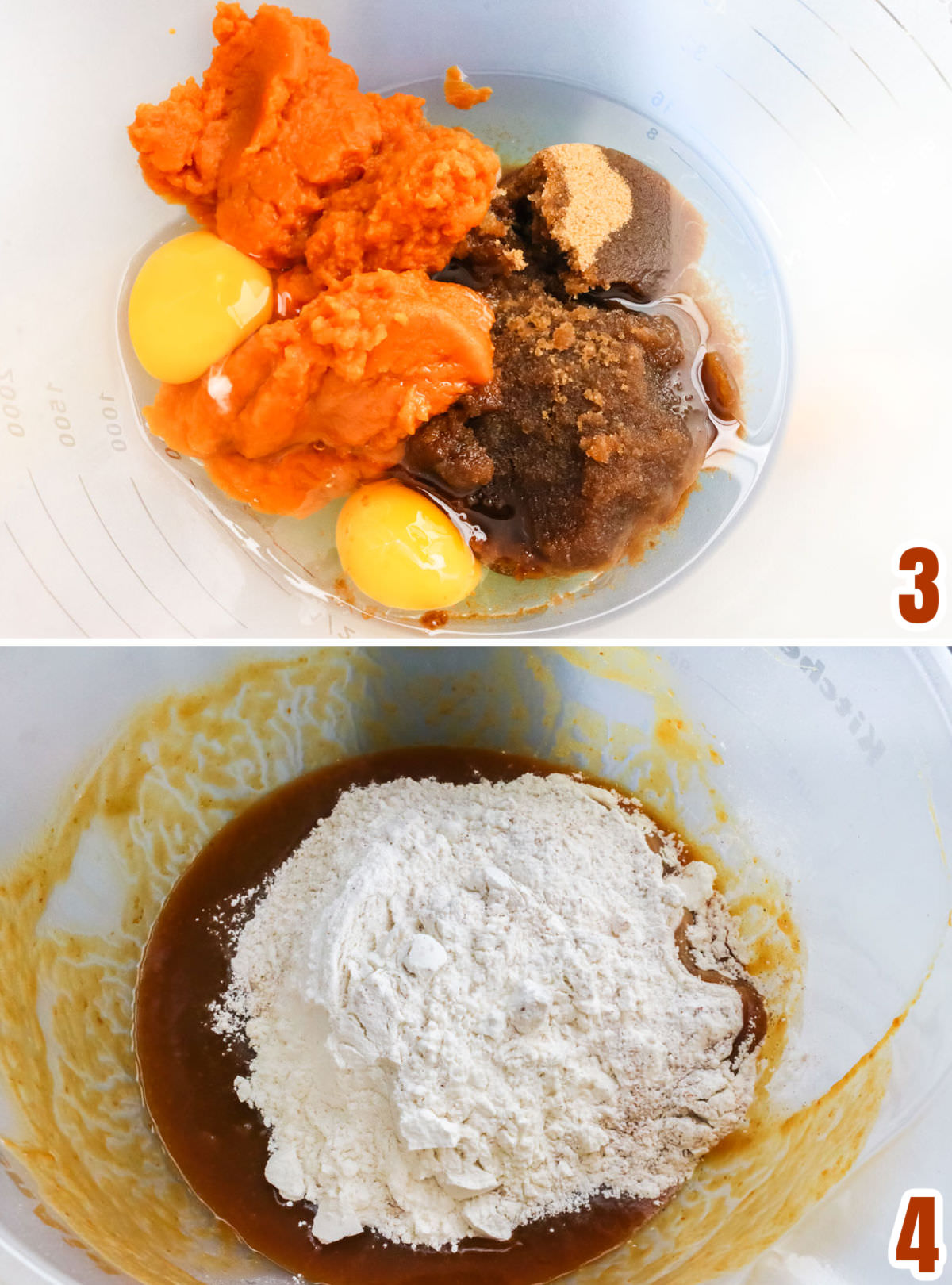 Collage image showing how to mix the wet ingredients and how to add the dry ingredients to the wet ingredients.