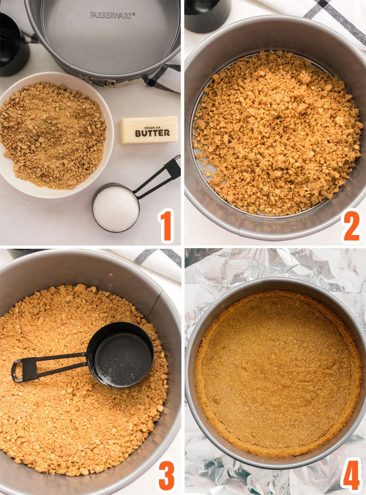 Collage image showing how to make the Graham Cracker Crust.