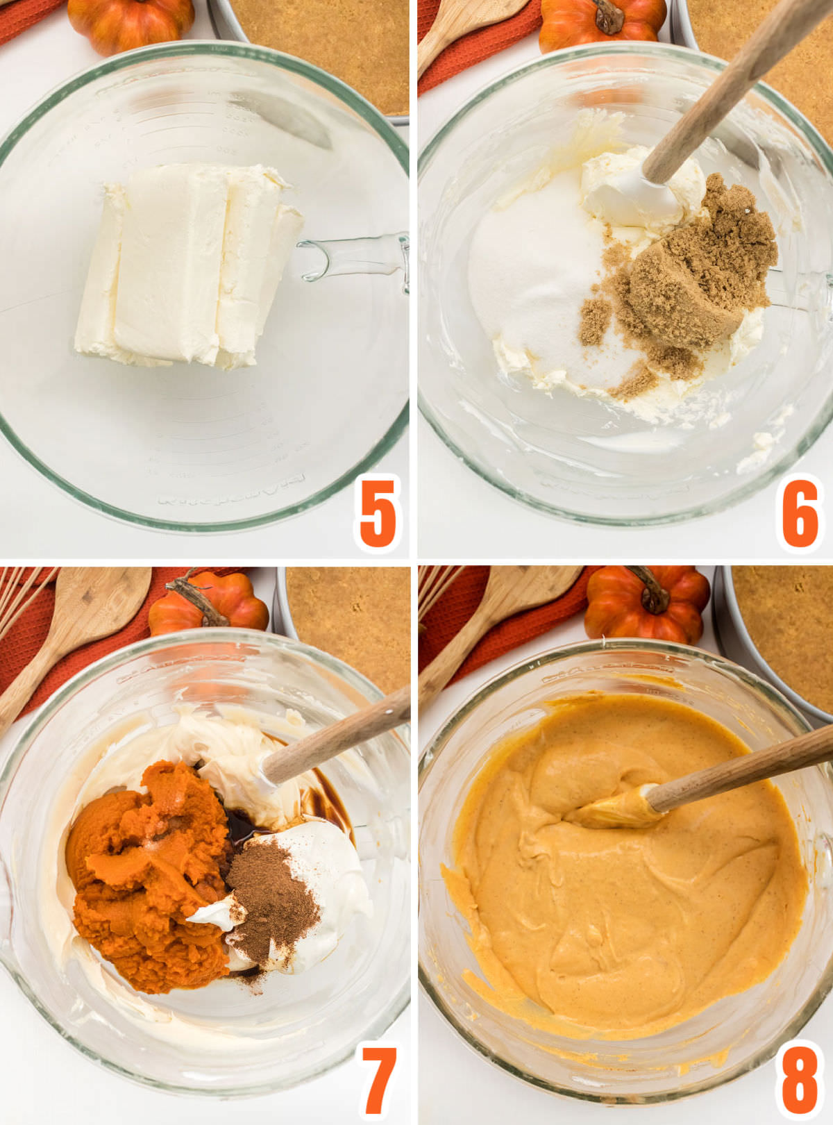 Collage image showing how to make the Pumpkin Cheesecake mixture.