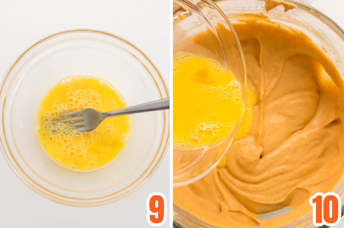 Collage image showing how to add the egg to the mixture.