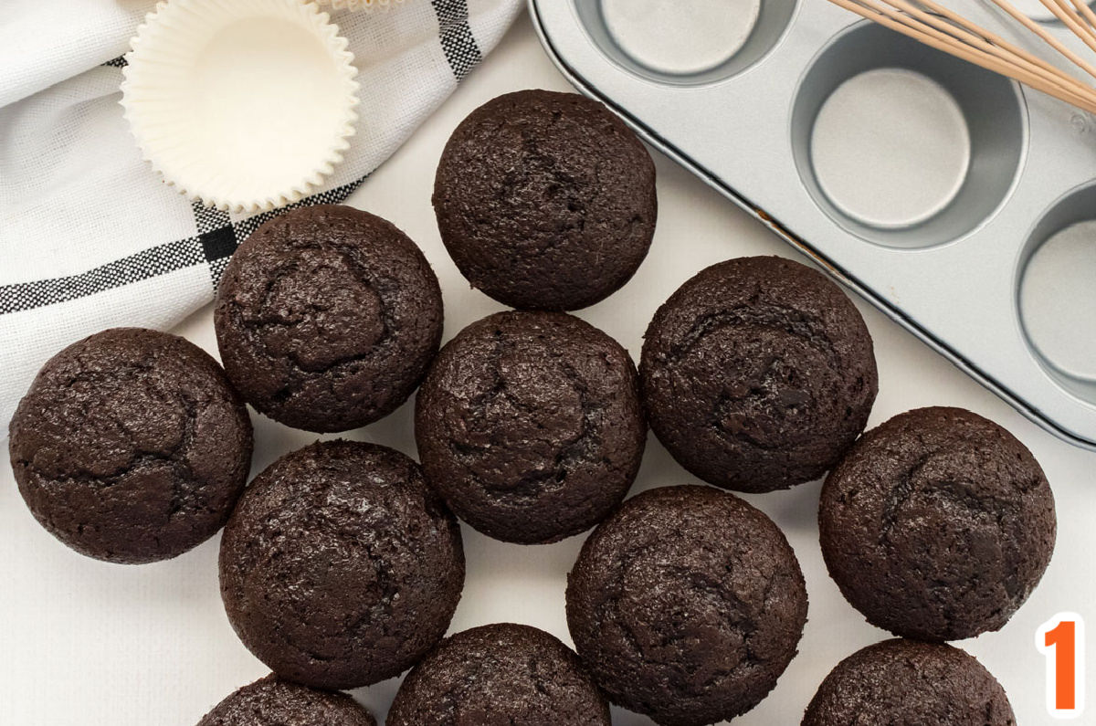 Closeup on a dozen chocolate cupcakes sitting on a white table next to a cupcake pan and cupcake liners.