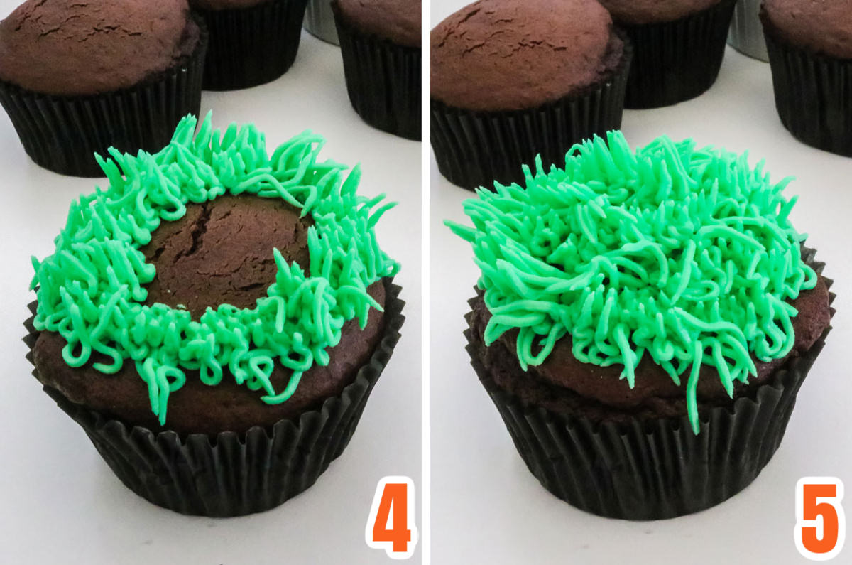 Collage image showing to add grass-like frosting to the top of the cupcake.