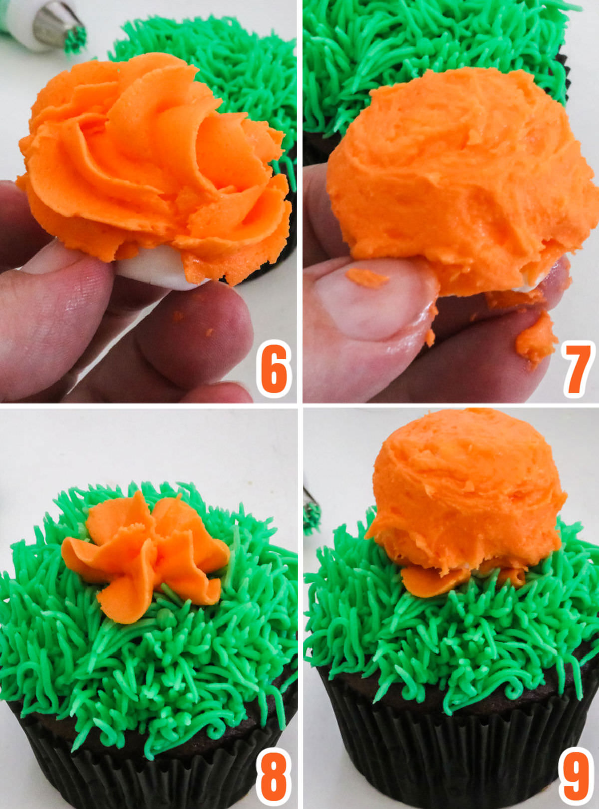 Collage image showing the steps for placing the frosting covered marshmallow on the top of the cupcake.