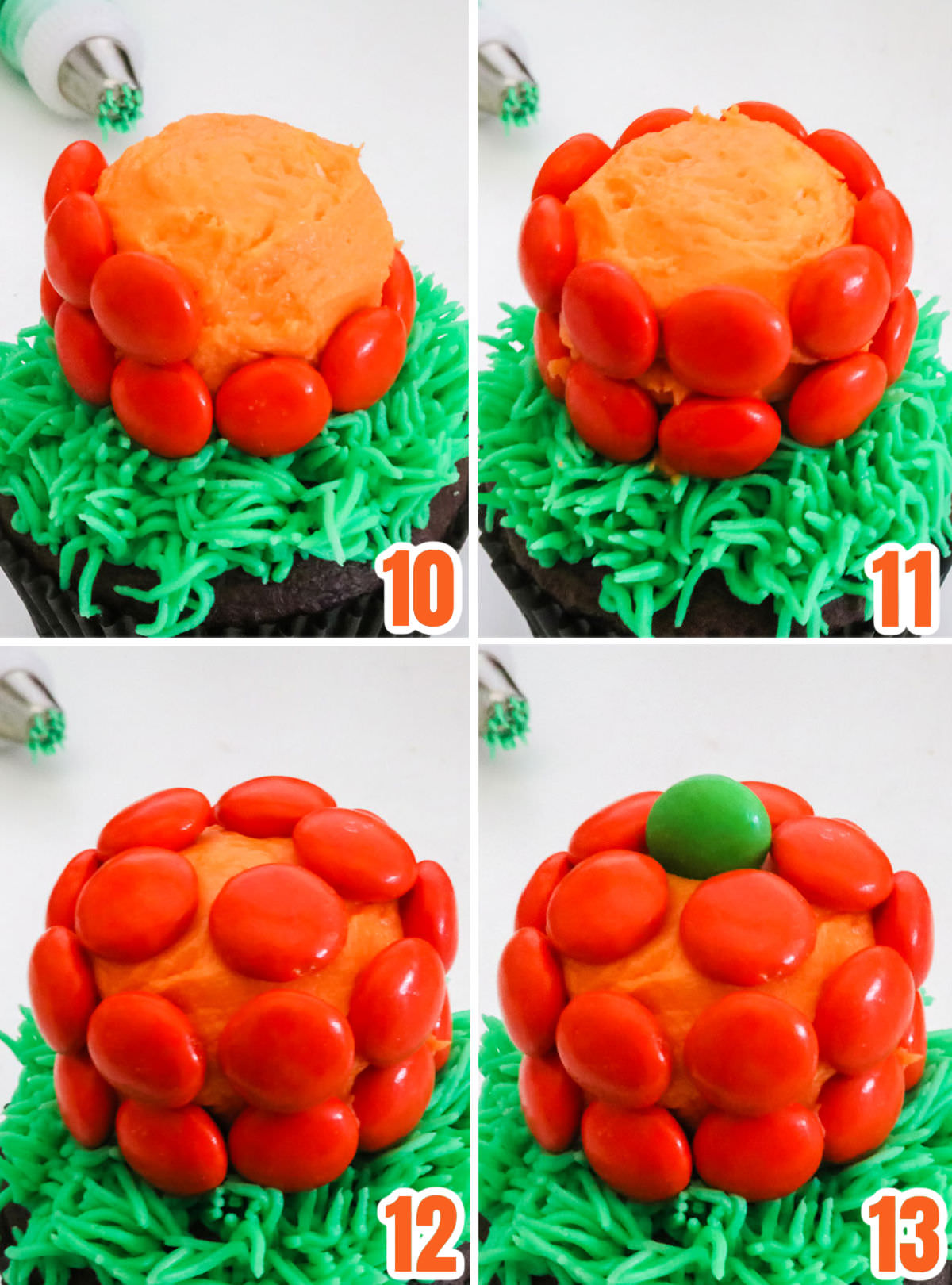 Collage image showing the steps for creating a pumpkin out of a marshmallow, frosting and orange M&M's.