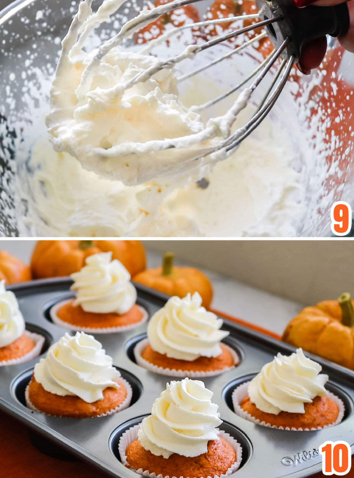 Collage image showing how to frost the Pumpkin Pie Cupcakes.