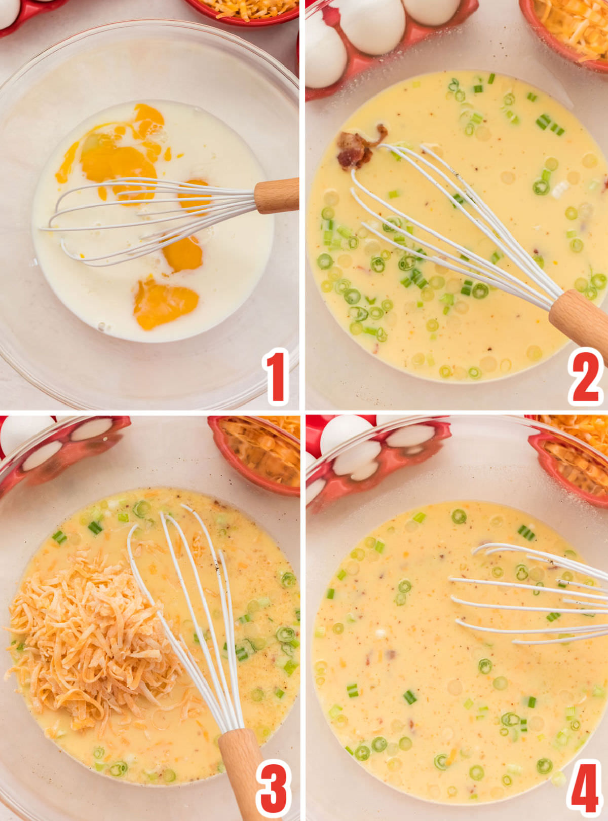 Collage image showing the steps for making the egg mixture.
