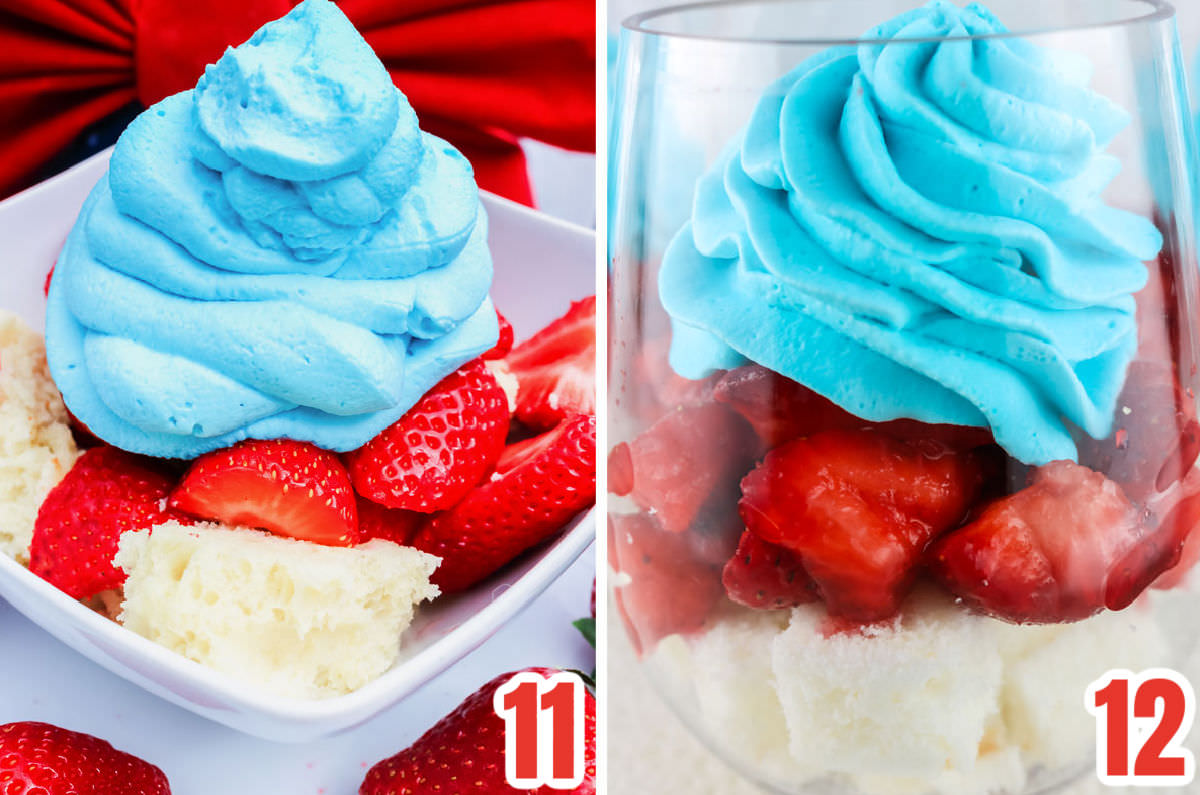 Collage image showing two different ways to serve the Patriotic Red White and Blue Strawberry Shortcake.