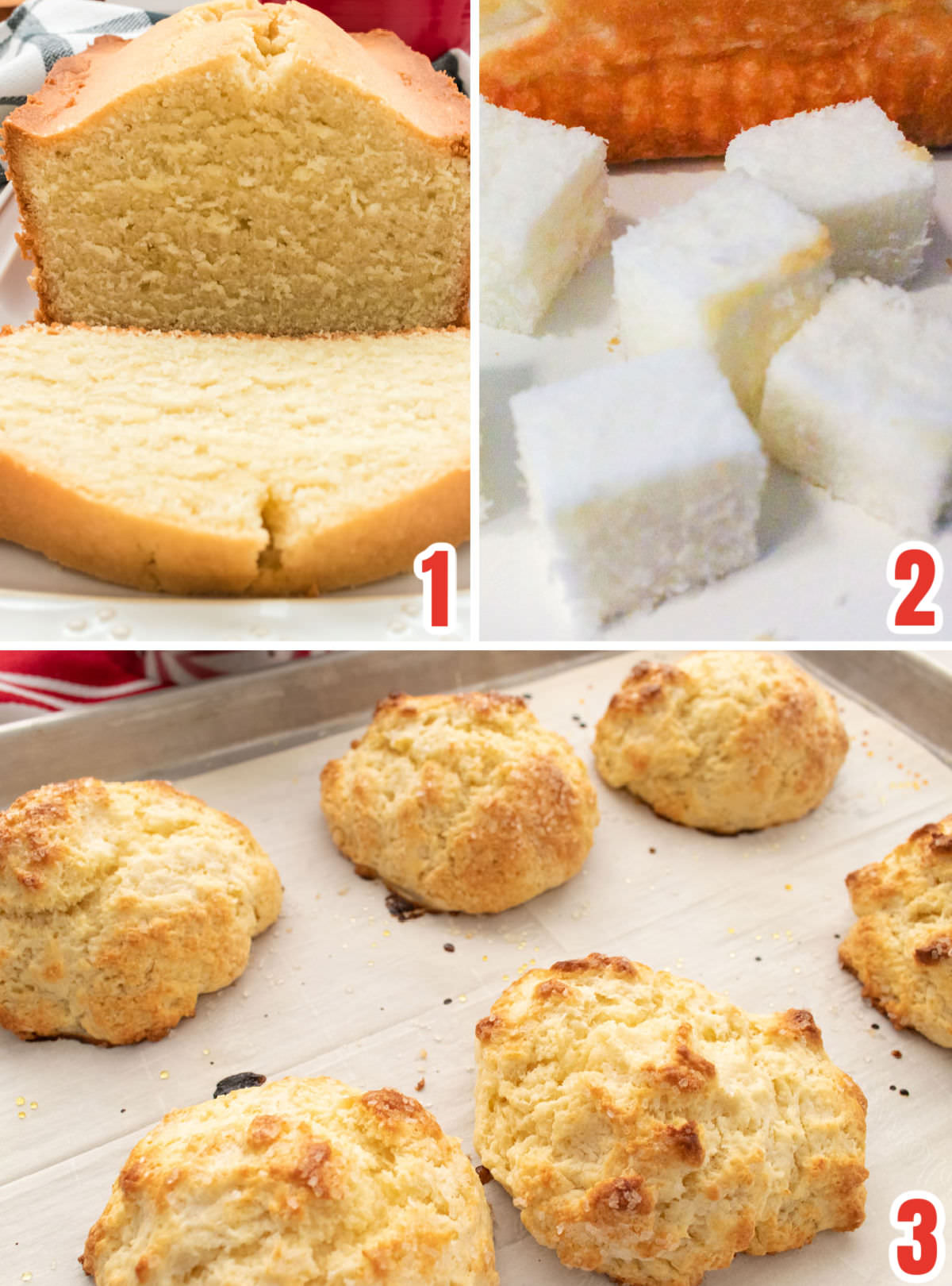 Collage image showing three different options for the cake layer including pound cake, angel food cake and homemade sweet biscuits.