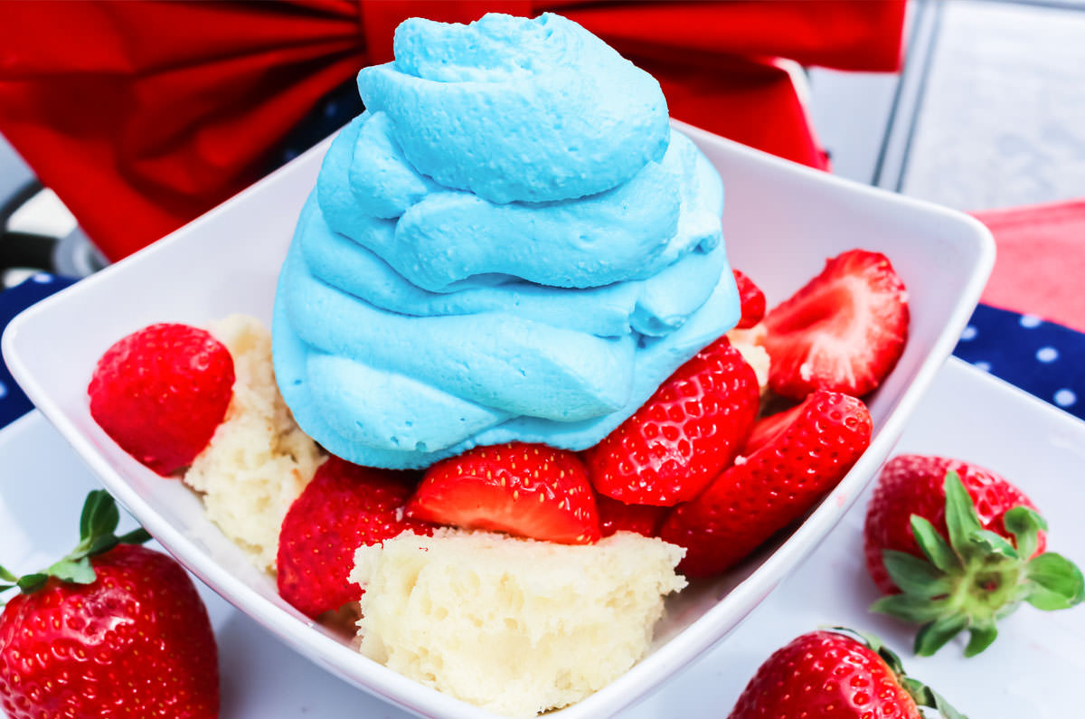 Closeup of a bowl of Red White and Blue Strawberry Shortcake on a patio table in front of a red bow.