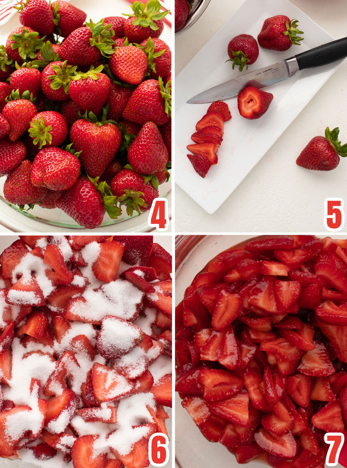 Collage image showing how to prepare fresh strawberries to be used in Strawberry Shortcake.