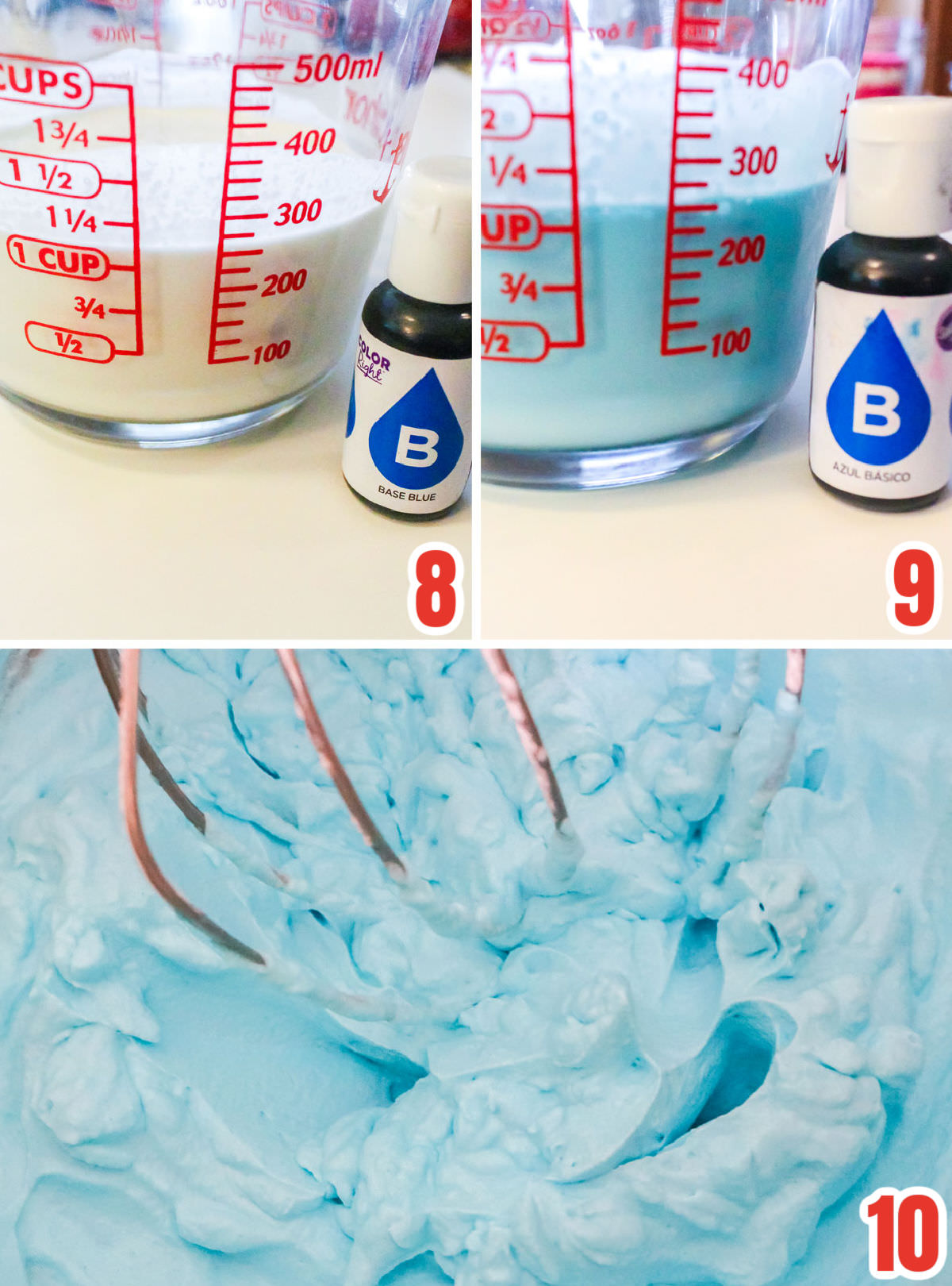 Collage image showing the steps for tinting homemade whipped cream blue.