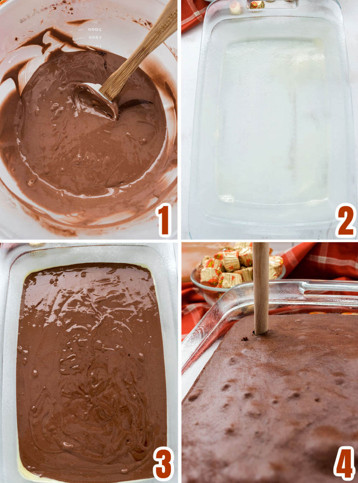 Collage image showing how to make the Chocolate cake in a 9x13" pan.