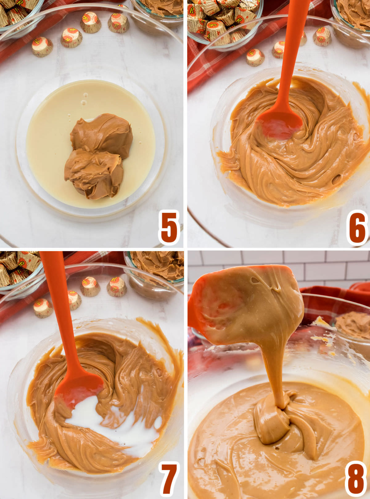 Collage image showing the steps to make the Peanut Butter filling for the Chocolate Poke Cake.