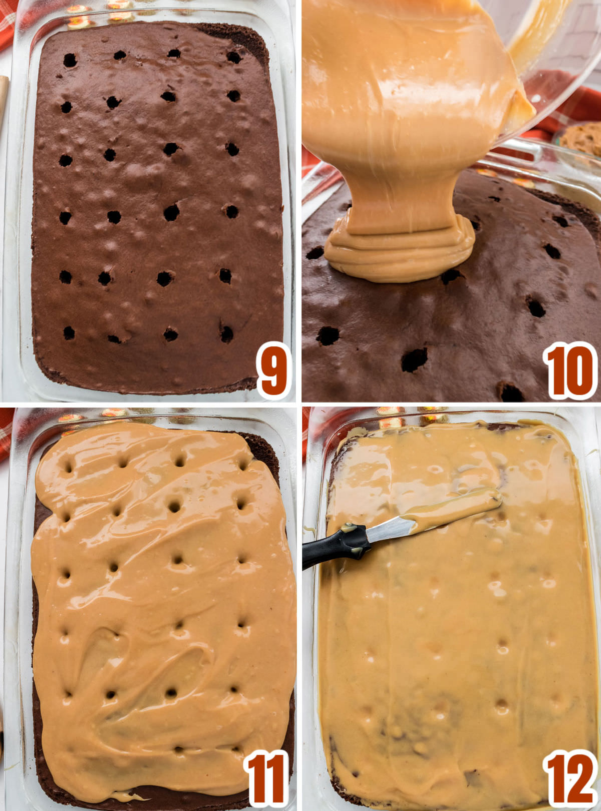 Collage image showing the steps for adding the Peanut Butter Filling to the chocolate poke cake.