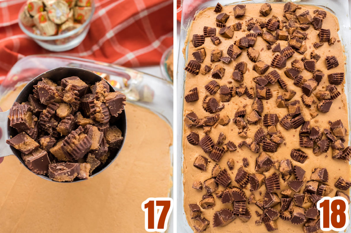 Collage image showing how to decorate the top of the Peanut Butter Cake with Reese's Peanut Butter Cups.