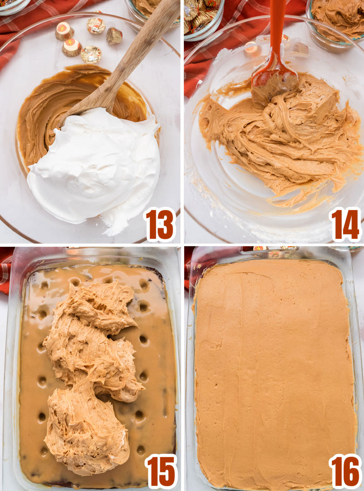 Collage image showing how to make a whipped Peanut Butter topping and use it to frost the Chocolate Poke Cake.