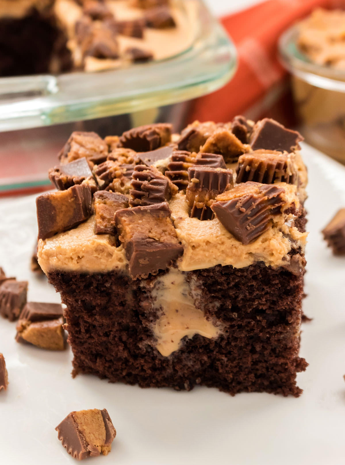 Closeup on a single piece of Chocolate Peanut Butter Poke Cake sitting on a white plate surrounded by pieces of Mini Reese's Peanut Butter Cups.
