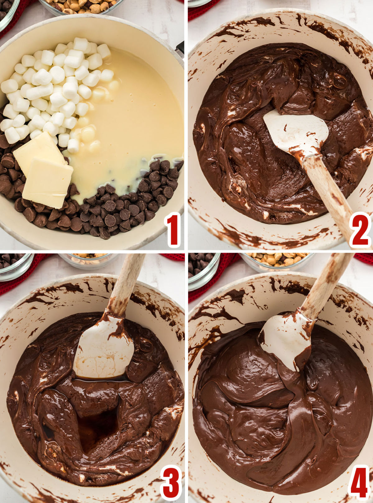 Collage image showing the steps for making the chocolate fudge mixture that acts as the base for the Rocky Road Fudge.