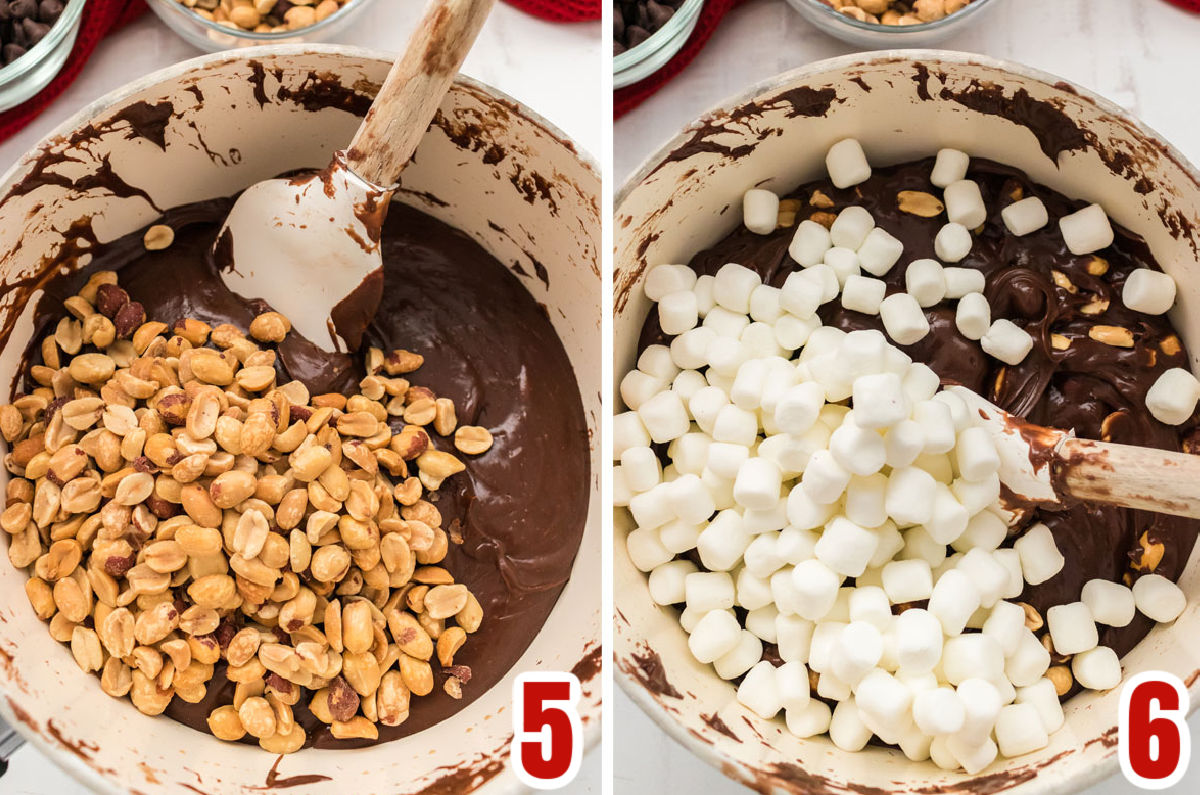 Collage image showing the steps for adding the peanuts and the mini marshmallows to the chocolate fudge.