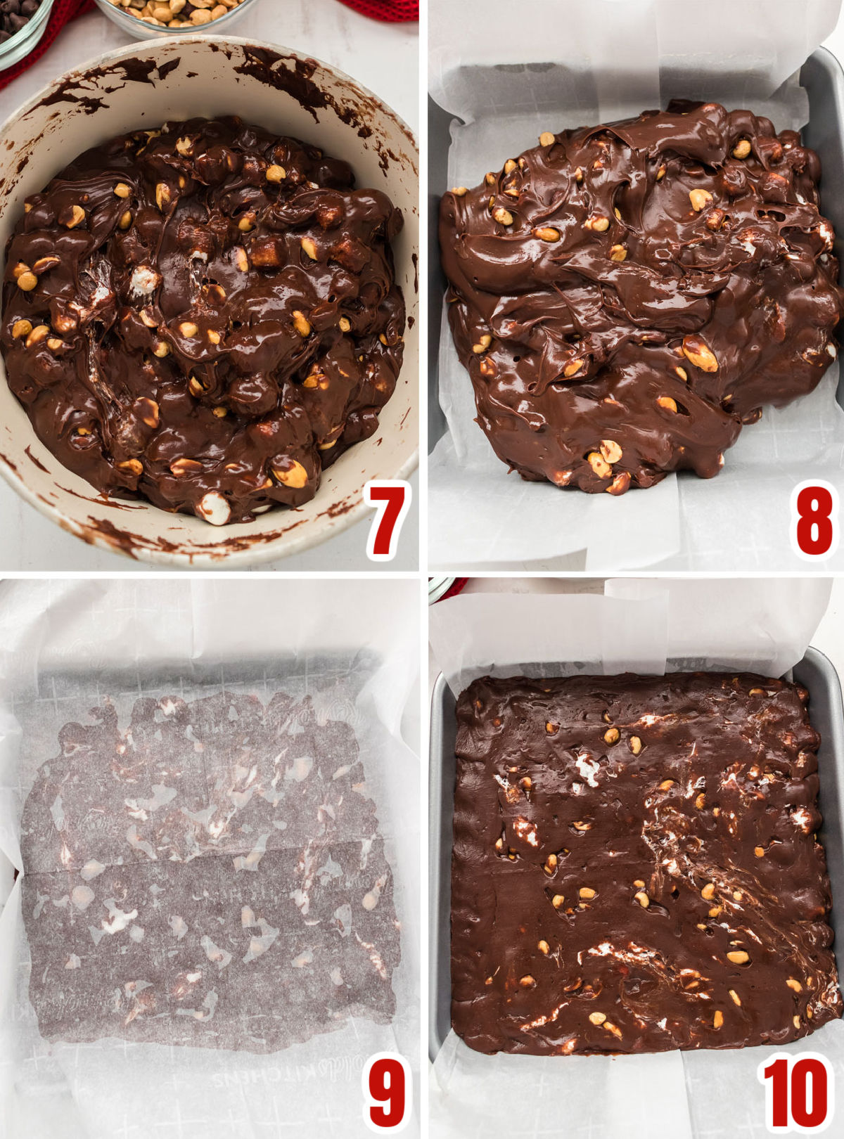 Collage image showing the steps for pouring the fudge mixture into an 8x8" pan for cooling.