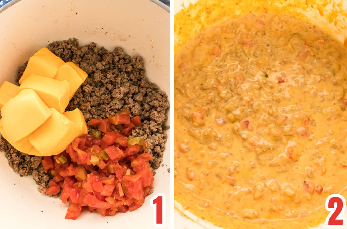 Collage image showing the steps for making Rotel Dip.