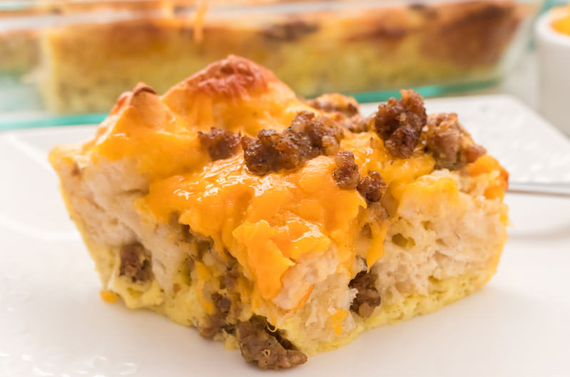 picture of a single piece of Sausage Egg Biscuit Casserole